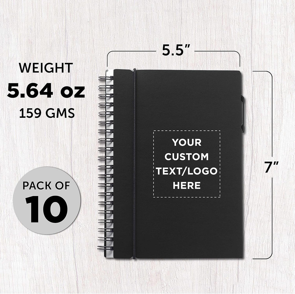 DISCOUNT PROMOS Custom Spiral Notebooks with Elastic Closure Set of 10, Personalized Bulk Pack - Perfect for School, Office, Business and More - Black