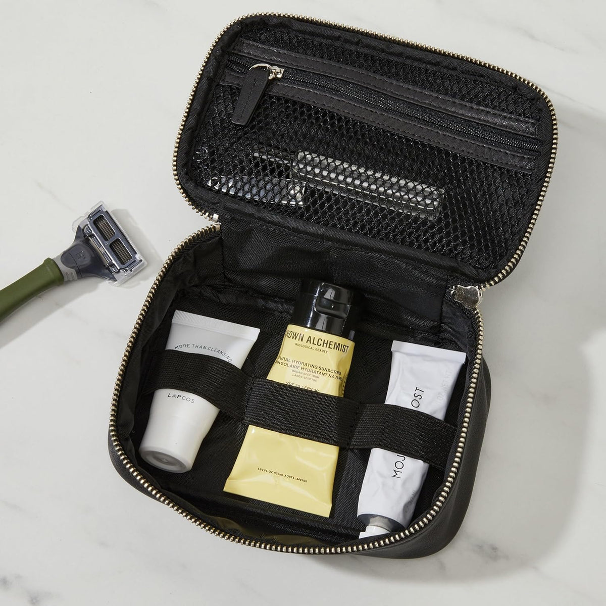 Leatherology Brown Small Travel Organizer - Zipped mesh storage pocket, elastic loops for organization, compact travel size