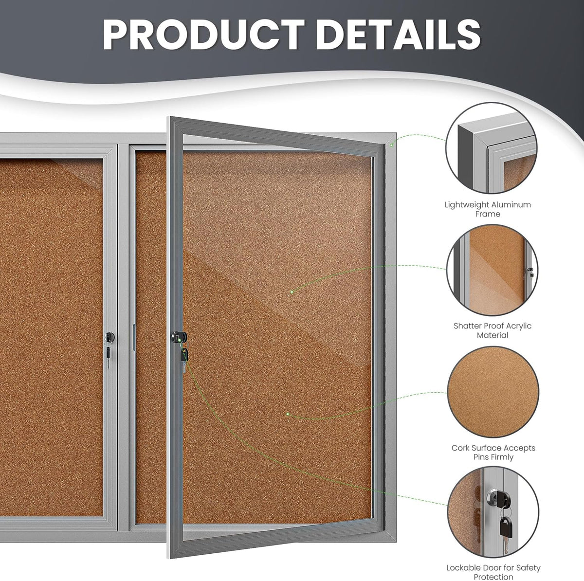 48"x36" Lockable Enclosed Bulletin Board, Outdoor Cork Weather-Resistant Aluminum Frame Notice Board, Wall Mounted Display Case Acrylic Doors for School,Office,Silver Frame w/Cork