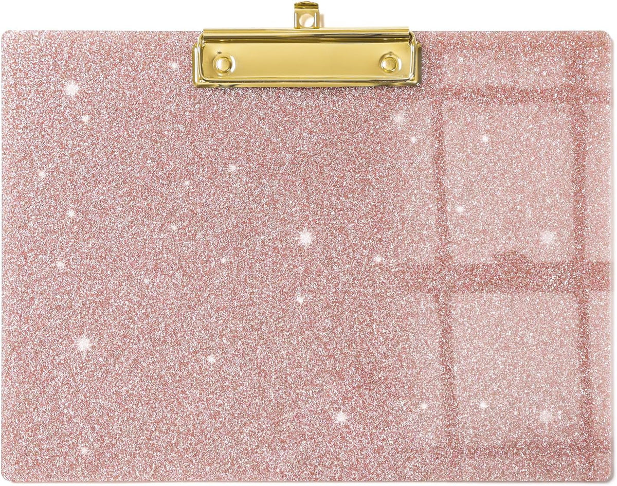 UNIQOOO Sparkle Rose Gold Glitter Landscape Clipboard, Horizontal Clipboard with Shiny Gold Finish Clip, Back to School Gift 1st Day Gift, Teacher Appreciation Gift, 12.5x9 in