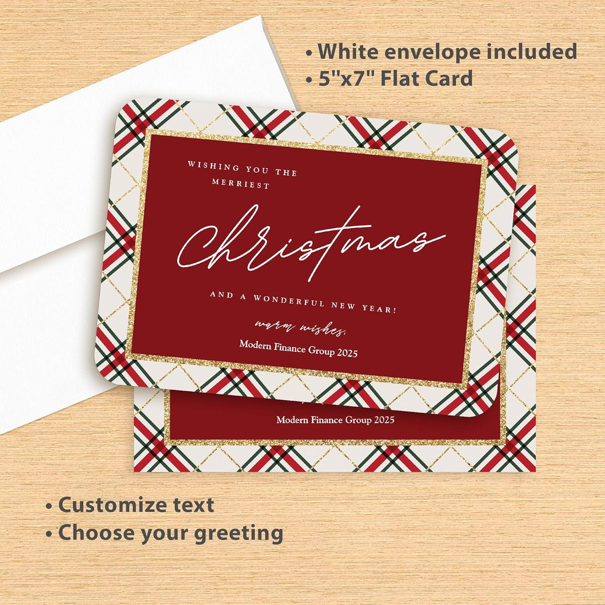 Let's Make Memories Personalized Business Christmas Cards with Envelopes - Premium Quality - 5x7-2025 Holiday Cards & White Envelopes - Rustic Tartan - 200 ct