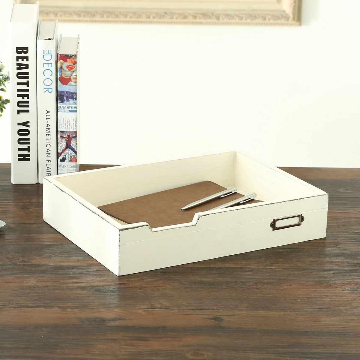 MyGift Rustic Wood Desktop Drawer-Style Stackable Document Letter Tray Organizer Storage Box with Handles for Home Office Supplies (Vintage White)