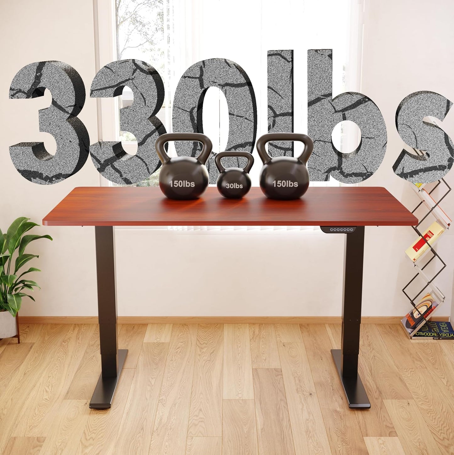 FLEXISPOT E6 MAX Dual Motor 3 Stages Standing Desk 60x24 Inch Whole-Piece Board Electric Height Adjustable Stand Up Desk 150KG Load Capacity(Black Frame + Mahogany Desktop)