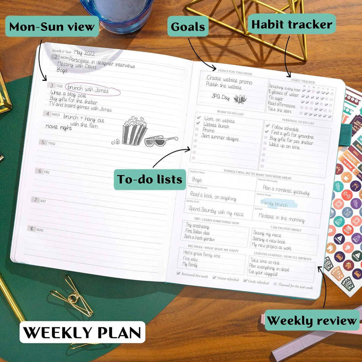 Legend Planner PRO – Deluxe Weekly & Monthly Life Planner to Increase Productivity and Hit Your Goals. Time Management Organizer Notebook – Undated – 7 x 10" Hardcover + Stickers – Viridian Green