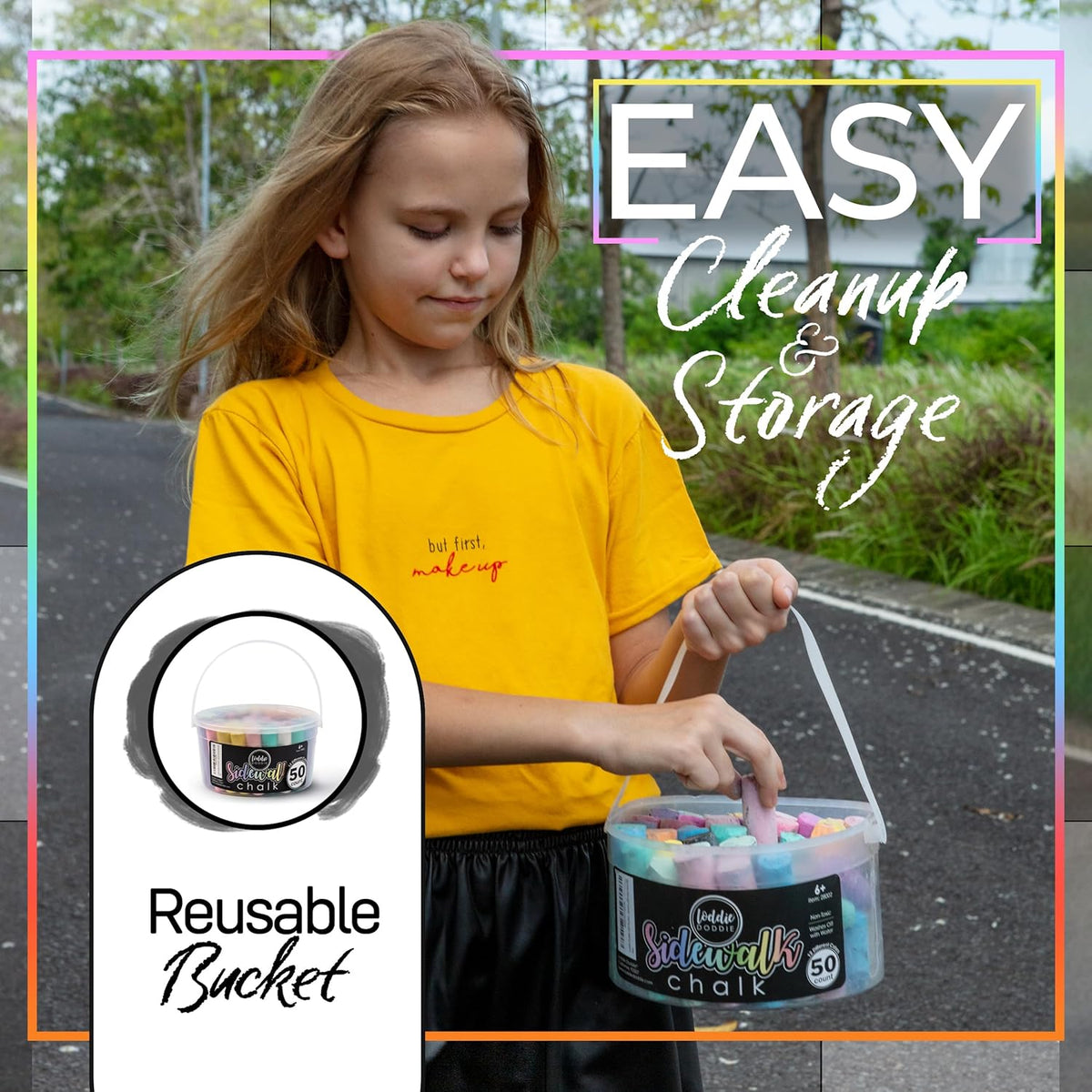 Loddie Doddie Sidewalk Chalk for Kids - 50 Count, 12 Multicolor Jumbo Sticks - Non-Toxic & Washable Bulk Chalk Pack in Reusable Bucket - Easy Grip for Vibrant Outdoor Kids Activities