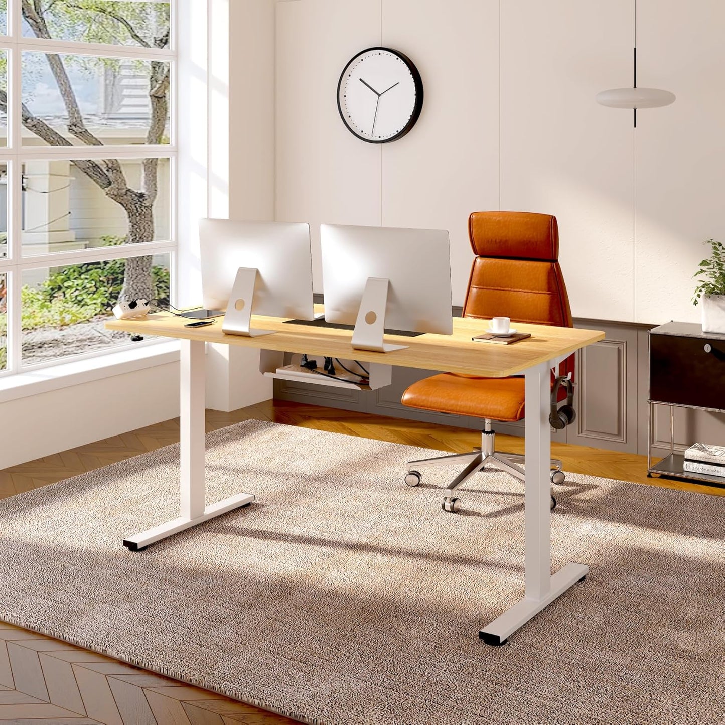 FLEXISPOT EN2 Whole-Piece Standing Desk with Clamp Power Strip, 48 x 30 Electric Stand Up Height Adjustable Desk with Cable Management (White Frame + 48" Maple Top, 2 Packages)