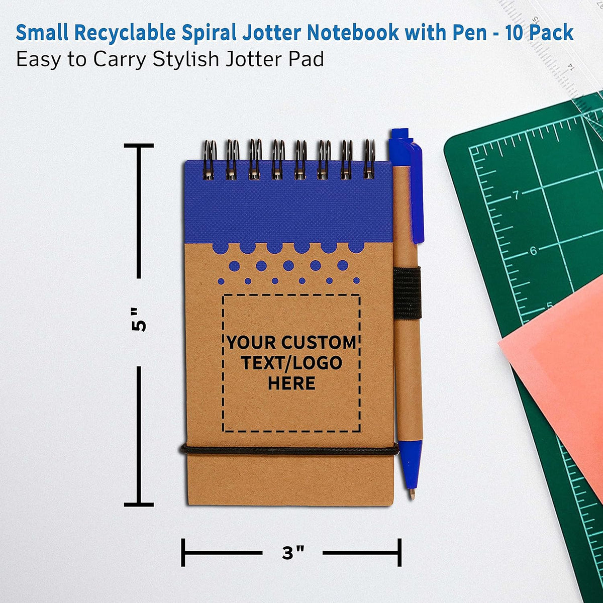 DISCOUNT PROMOS 10 Recyclable Spiral Small Notebooks Pack - Customizable Text, Logo - 60 Lined Pages - Blue