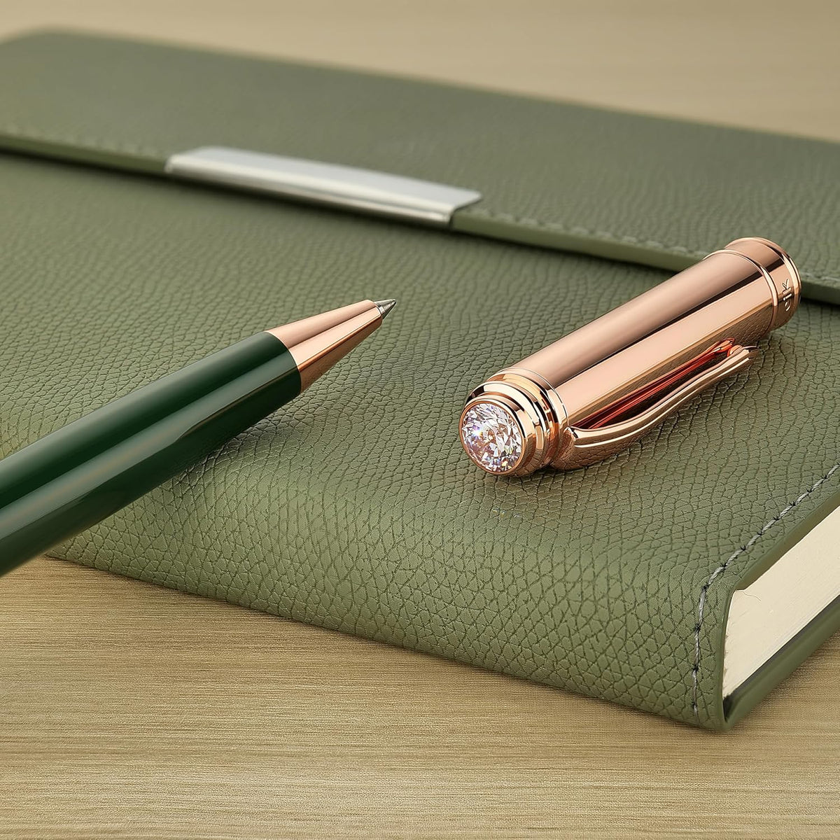 Luxury Gel Pen, Top Set With 8mm Brilliant Diamond,Dark Green Pen Body,Attractive Rose Real Gold Finish, Black Refill,Elegant Gift Pen For Women, Executive, Fancy, Graduation, Nice Pens