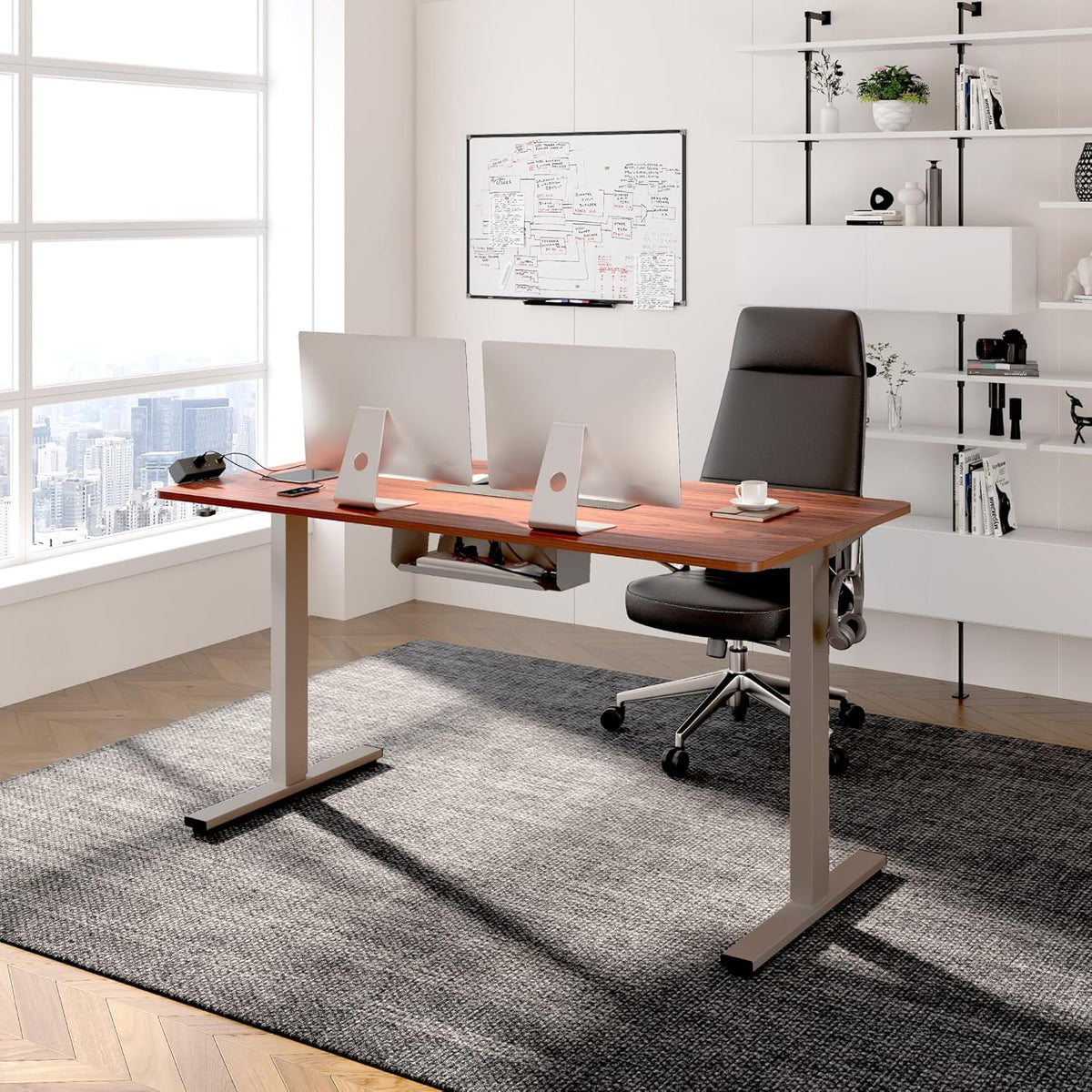 FLEXISPOT EN2 Whole-Piece Standing Desk with Clamp Power Strip, 48 x 30'' Height Adjustable Electric Stand Up Desk with Cable Management (Gray Frame + Mahogany Top, 2 Packages)