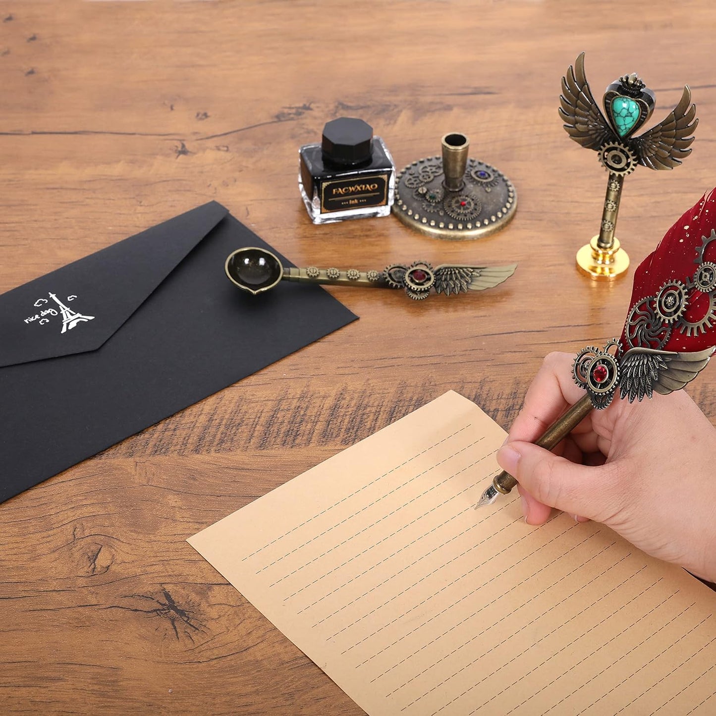 Quill Pen Set, Feather Pen, Ink, Bookmarks, Seals, Nibs, Wax Bead, Envelopes, Writing Paper, Gift Box, Red