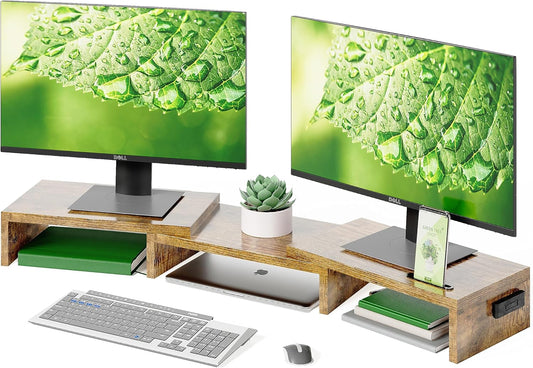 BONTEC Dual Monitor Stand for Desk, Adjustable Length and Angle Monitor Stand Riser with Smartphone Holder, Desk Shelf for Top of Desk, Computer Monitor Stand with Storage, Office Desk Organizer, Rustic Brown