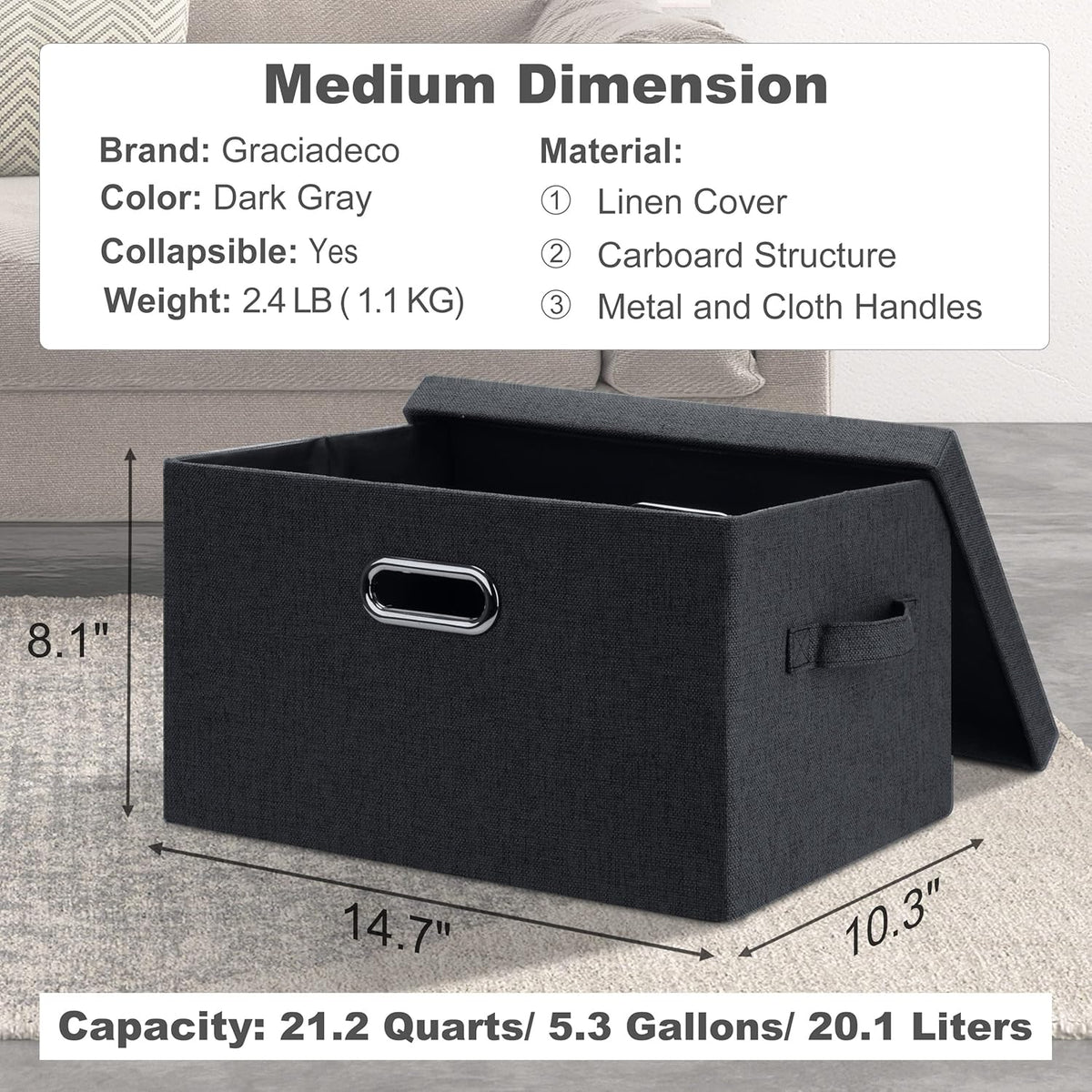 Medium 15" 21 Quart Collapsible Stackable Storage Bins with Lids, 3 Packs Dark Grey Foldable Fabric Closet Boxes Heavy-duty Linen Cube Baskets Container for Bedroom Office (15 x 11 x 8)