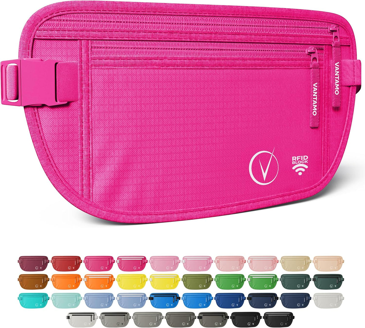 Vantamo Hidden Money Belt For Extra Safety, RFID Ultra-Thin Fanny Pack, 2 Compartment Money Bag Fits Passport & Phone