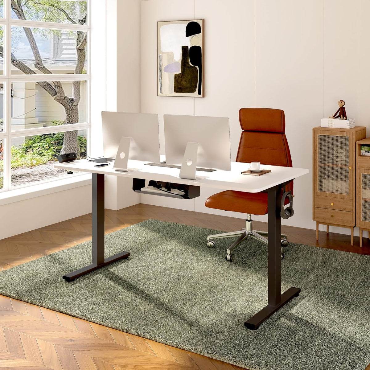 FLEXISPOT EN2 Whole-Piece Standing Desk with Clamp Power Strip, 55 x 28 Electric Stand Up Height Adjustable Desk with Cable Management (Black Frame + 55" White Top, 2 Packages)