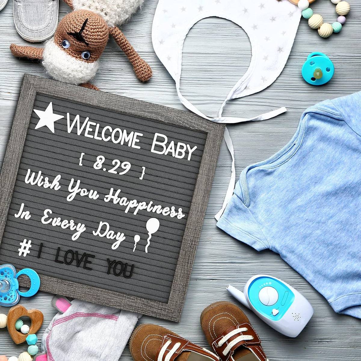Grey Felt Letter Board - 10x10 Inch, Pre Cut 725 Letters, First Day of School, Classroom Decor, Baby Announcements