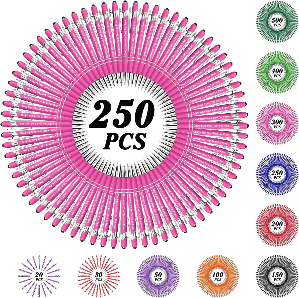 Max 500 Pcs Personalized Pens Bulk, Custom Pens with Free Engraving, Customized Stylus Tip Ballpoint Pen with Your Name Massage Text for School Office Business Graduation Anniversaries-250 Packs