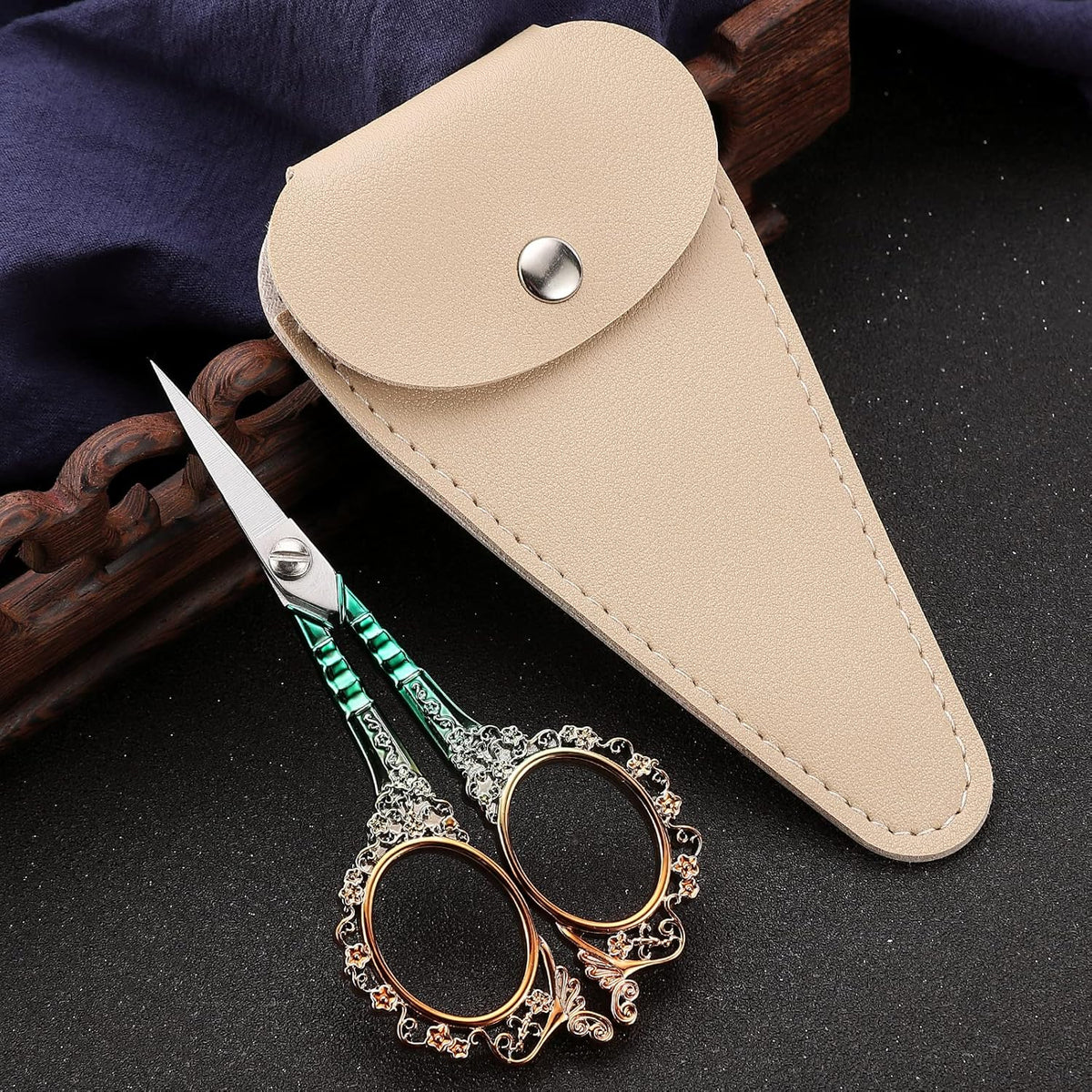 Sewing Scissors Sharp Embroidery Scissors with Sheath, Craft Scissor for Needlework Artwork Threading Cross Stitch Handicraft DIY Tool, 4.5in Gold Green Shears