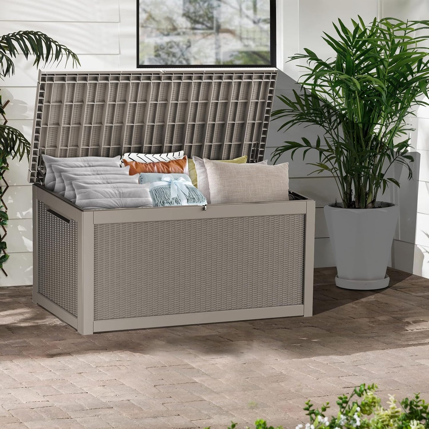 320 Gallon Lockable Resin Deck Box, Waterproof & UV-Resistant Outdoor Storage Box for Outdoor Cushion Storage, Garden Tools & Pool Accessories Storage, Gray
