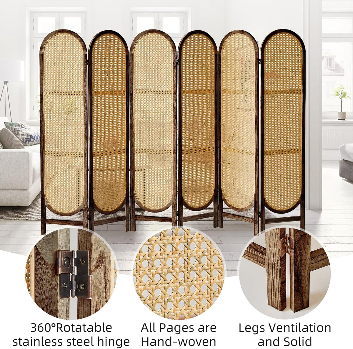 6 Panels Room Dividers and Hand-Woven Rattan Room Divider Wall, Wood Room Divider Folding Privacy Screens for Home Office Bedroom, Brown