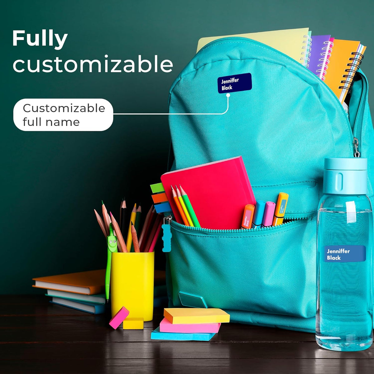 EGD Personalized Blue Name Tag Stickers for Kids (114 Pack) | Waterproof Labels for School Supplies, Bottles & Lunch Boxes | Custom Vinyl Name Labels for Clothing, Toys & More (A. Indigo Sky)