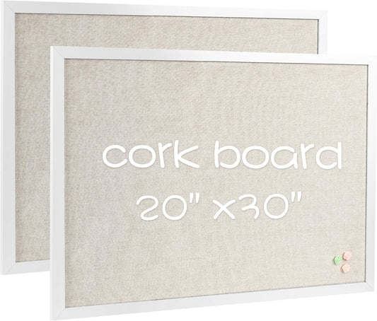 Board2by 2-Pack Farmhouse Linen Cork Bulletin Board, White Frame 30" x 20" Corkboard, Office Board for Wall Decor, Wall Mounted Pin Board Picture Board with 40 Pushpins for School, Home & Office