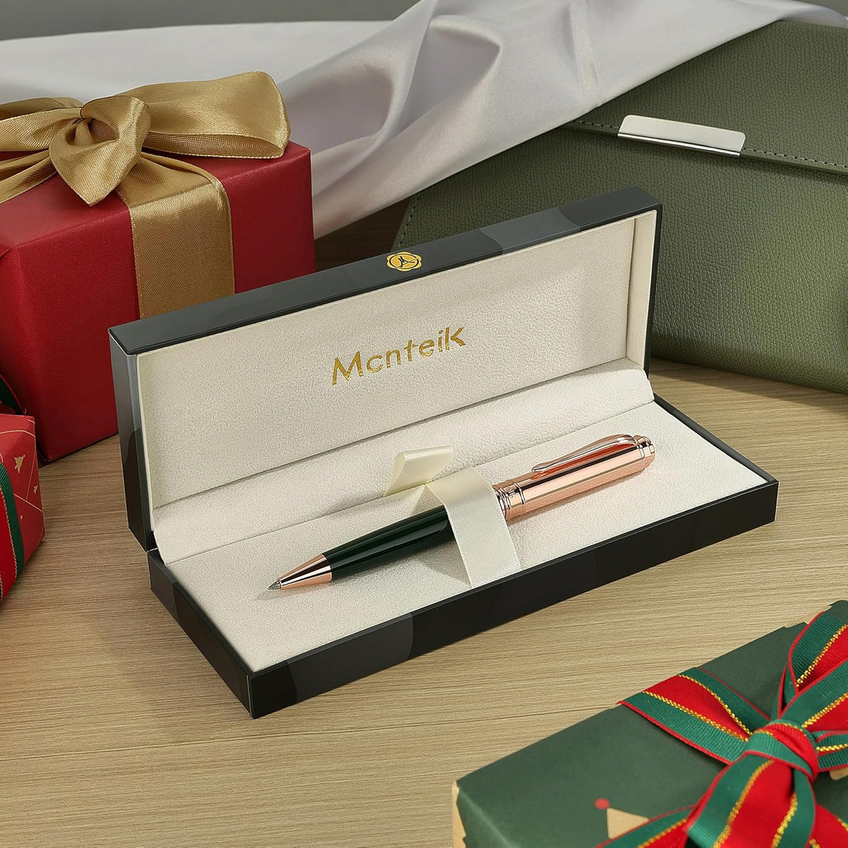 Luxury Gel Pen, Top Set With 8mm Brilliant Diamond,Dark Green Pen Body,Attractive Rose Real Gold Finish, Black Refill,Elegant Gift Pen For Women, Executive, Fancy, Graduation, Nice Pens