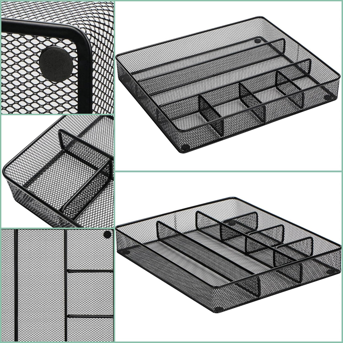Annova Desk Top Organizer Tray for Office Organization - Metal Mesh - Storage Tray with Dividers for Pens, Desktop Accessories, Bathroom, Kitchen, Makeup and Office Supplies (Large, Black)