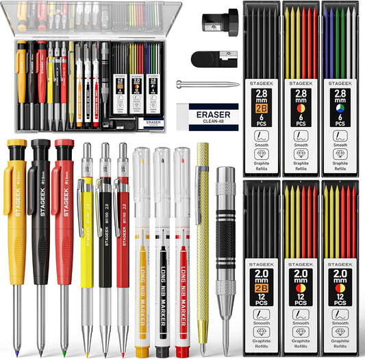 22 Pack Carpenter Pencil Set with Sharpener, Mechanical Carpenter Pencils with 60 Refills, Deep Hole Long-Nib Marker Pens, Carbide Scribe Tool & Construction Pencils for Architect with Case