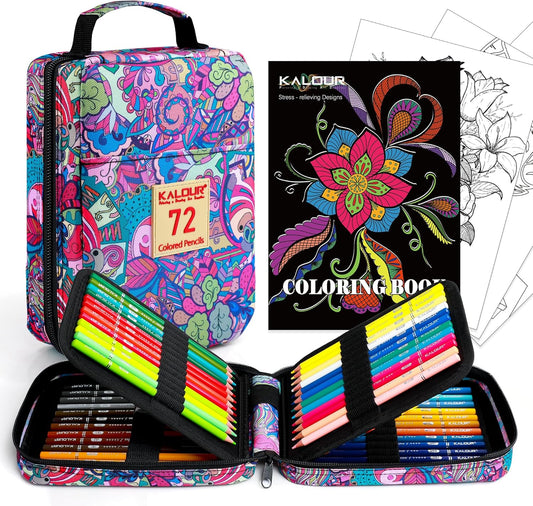KALOUR 72 Colored Pencils for Adult Coloring Book,With Coloring Book,Zipper Slot Pencil Case,with Sharpener,Soft Core,7 Metallic Color,Ideal for Layering Blending,for Artists Beginners Kids(Pink)