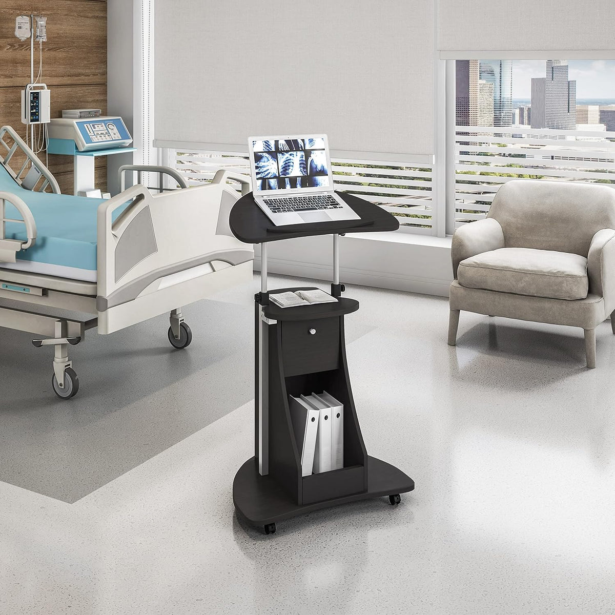 Techni Mobili Sit-to-Stand Mobile Medical Laptop Computer Cart, Black, Adjustable Height, B005