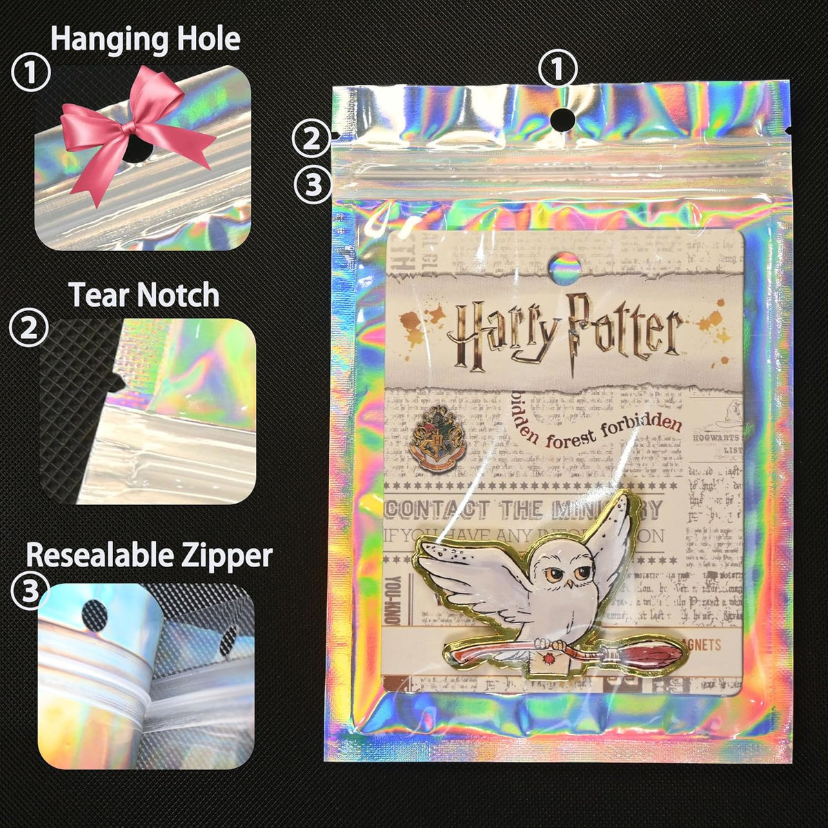 100 Pack Holographic Resealable Plastic Bags for Food Storage, Zipper Bags with Clear Front Window, Packaging Pouch for Small Business (100 Pack, 3.6x6.4 inch)