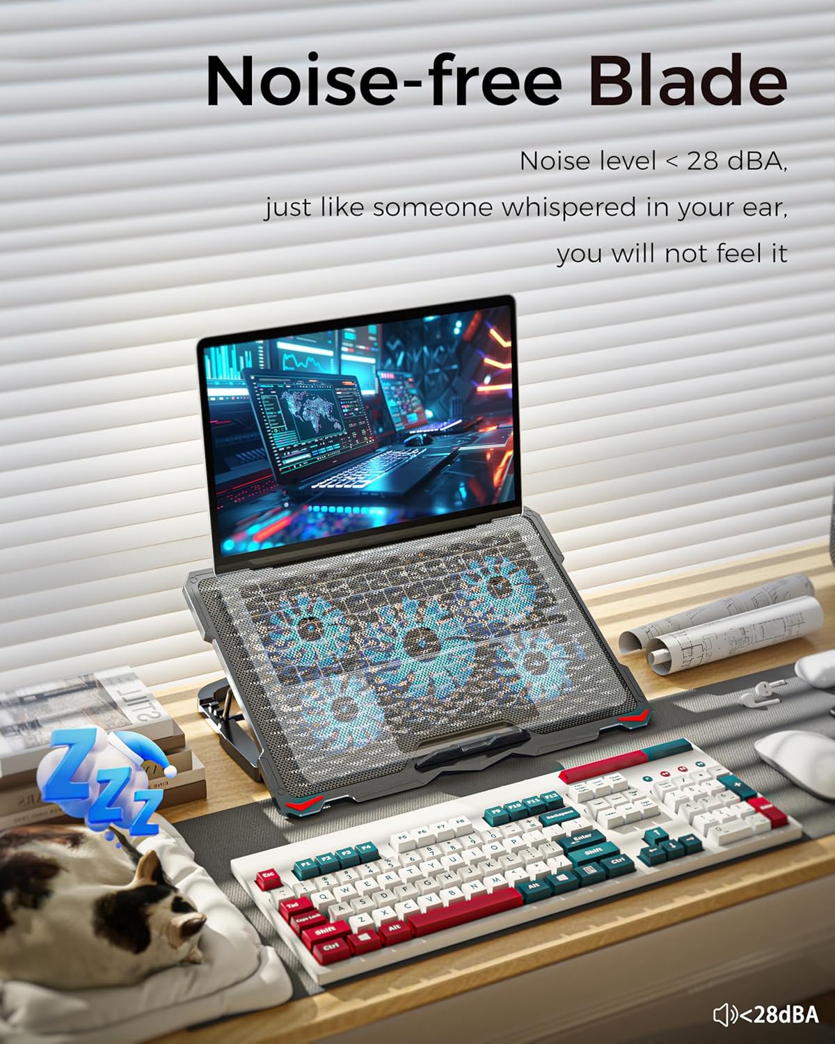 AICHESON Laptop Cooling Pad 5 Fans Up to 17.3 Inch Heavy Notebook Cooler, Blue LED Lights, 2 USB Ports, S035, Blue-5fans