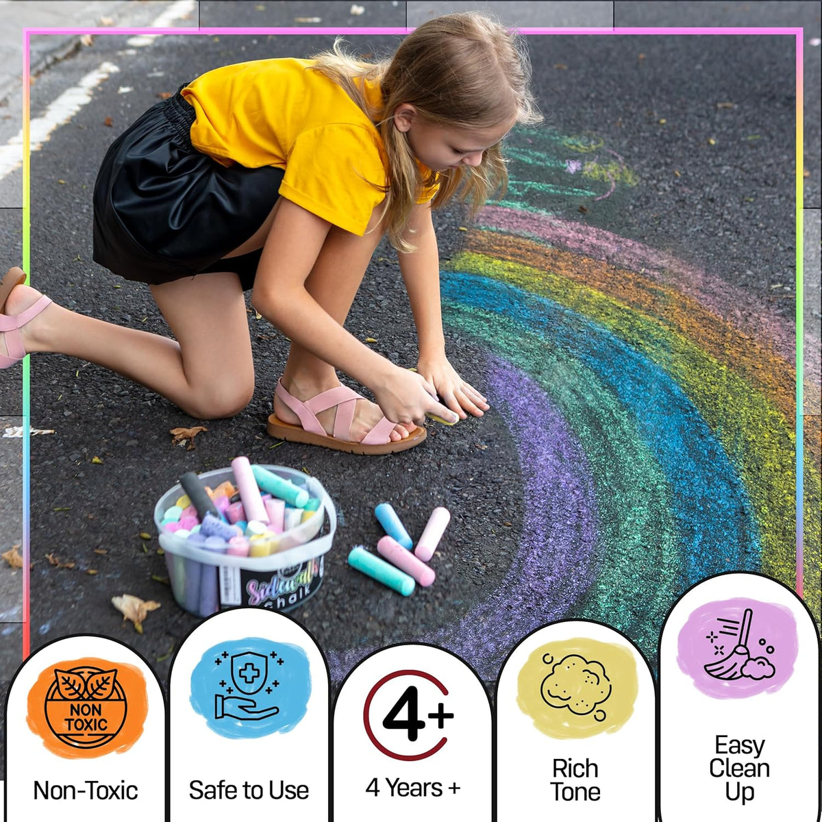 Loddie Doddie Sidewalk Chalk for Kids - 50 Count, 12 Multicolor Jumbo Sticks - Non-Toxic & Washable Bulk Chalk Pack in Reusable Bucket - Easy Grip for Vibrant Outdoor Kids Activities