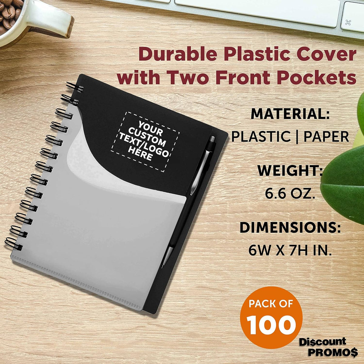 DISCOUNT PROMOS Custom Spiral Notebooks with Front Pocket Set of 100, Personalized Bulk Pack - Durable Plastic Cover, Includes Matching Pen in Blank Ink, Perfect for School, Office, Home - Black