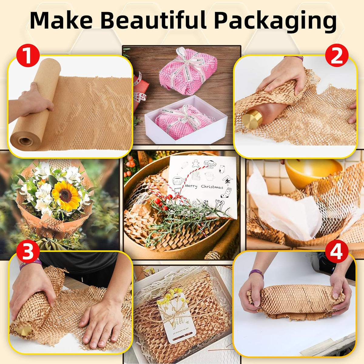 Honeycomb Packing Paper 15"x230' Roll with Fragile & Labeling Stickers, Gloves - Bubble Wrap for Moving,Products & Gifts Wrapping Paper, Recyclable & Biodegradable Cushioning Packing Material.