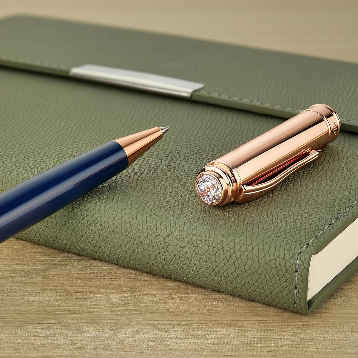 Luxury Gel Pen, Top Set With 8mm Brilliant Diamond,Stunning Blue Pen Body,Attractive Rose Real Gold Finish, Black Refill,Elegant Gift Pen For Women, Executive, Fancy, Spark, Nice Pens