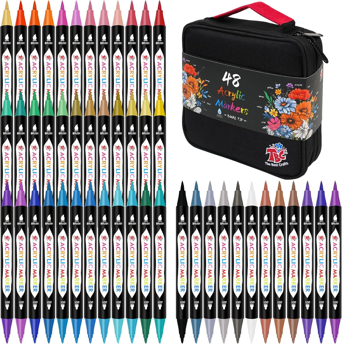 TBC The Best Crafts 48 Colors Dual Tip Acrylic Paint Markers, Double zipper design Topgrade Canvas bag,Waterproof, Non-Toxic, odorless, Suitable for Paper,Pottery, Stones, Glass,outdoor painting
