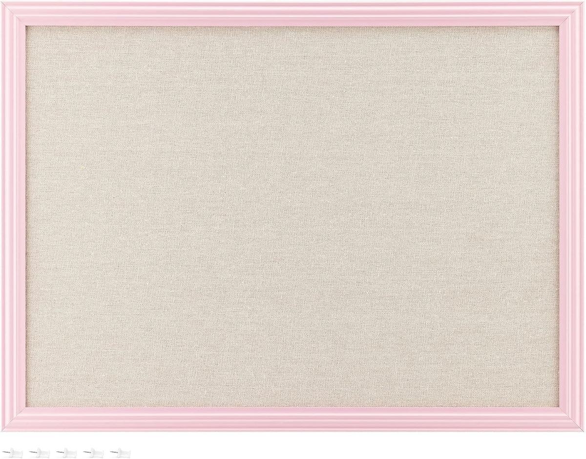 Navaris Framed Linen Bulletin Board - 17 x 23 inches Fabric Jewelry Organizer Pinboard for Wall Memory Memo Pin Board - Natural Linen with Pink Frame
