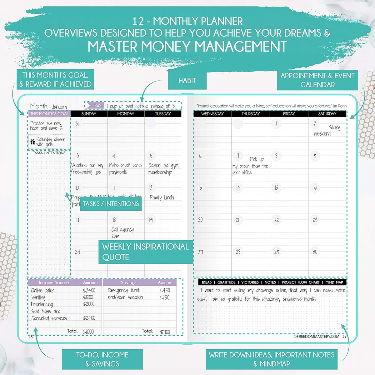 Financial Planner - Monthly Budget Planner & Monthly Bill Organizer | A 12-Month Journey to Financial Freedom | Bill Payment Tracker Organizer, Debt, Expense Tracker & Money Saving with Pockets