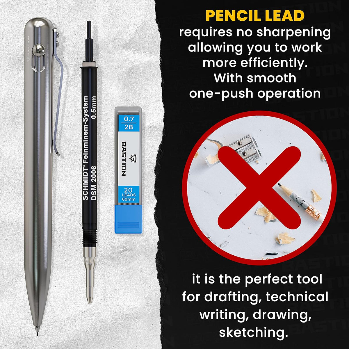 BASTION® Luxury Mechanical Pencil, Professional Medium Point Pencil for Birthday Gift includes 20 x 0.77mm Lead Refills - Stainless Steel