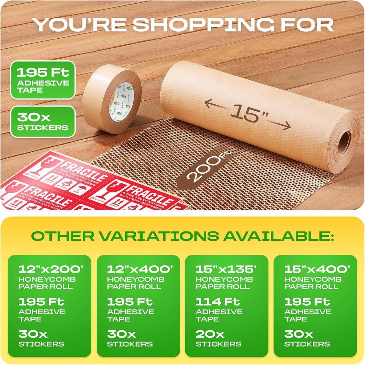 Honeycomb Packing Paper | Extra Thick 90 GSM Packing Wrap | Biodegradable Packing Materials: 15” x 200’ Moving Paper + 195’ Cellulose Adhesive Tape + 30 Fragile Stickers | Paper Bubble Wrap