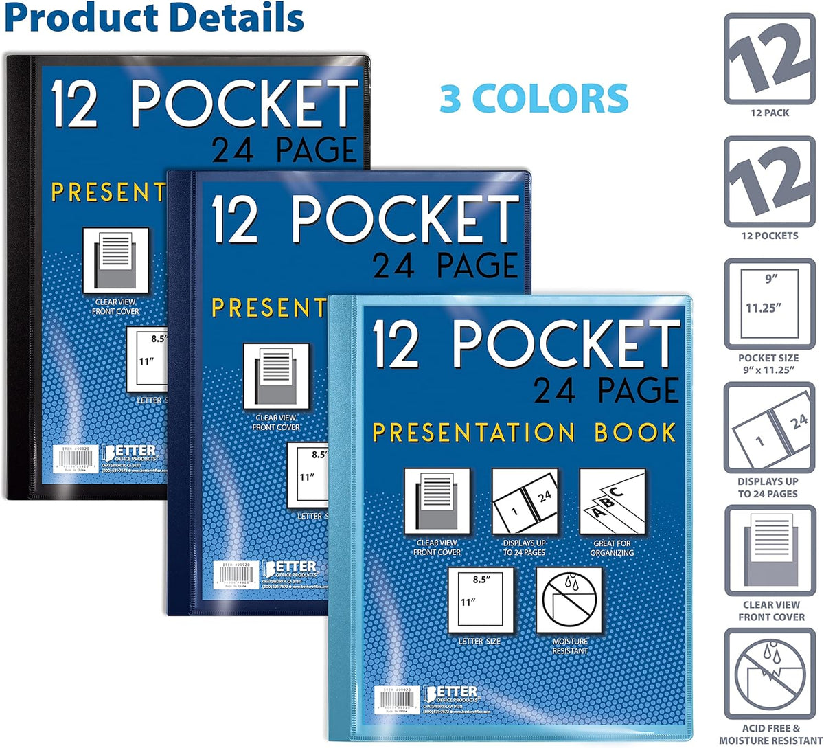 Better Office Products 12 Pocket Bound Presentation Book, Assorted Colors, Clear View Front Cover, 24 Sheet Protector Pages, 8.5" x 11" Sheets, Art Portfolio, Poly Covers, Letter Size (12 Pack)