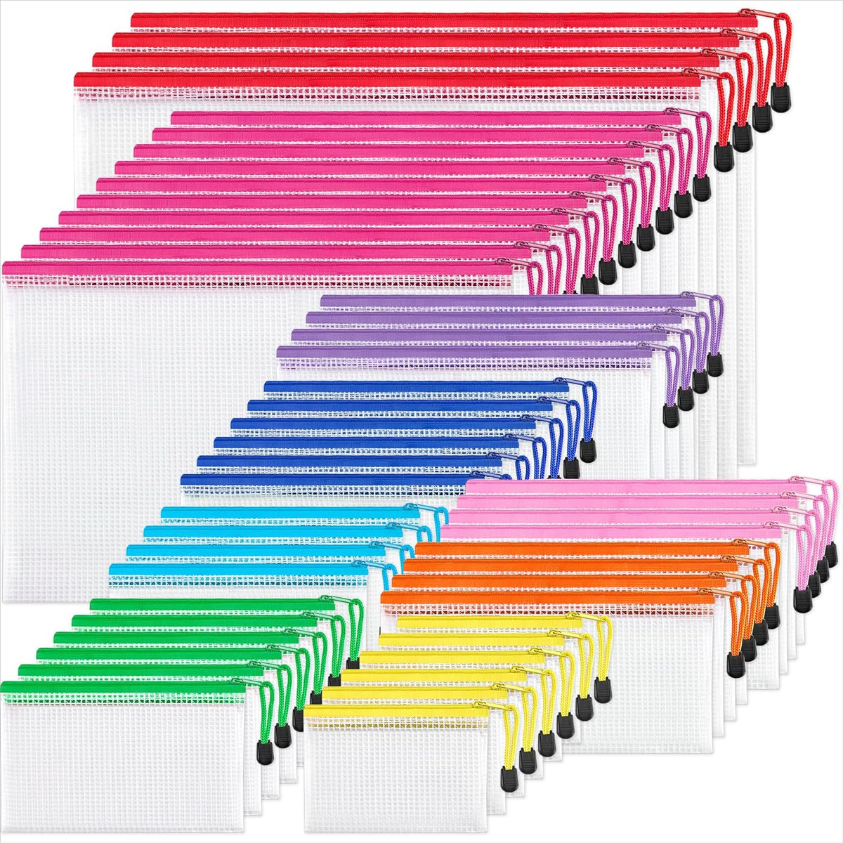 JARLINK 48 Pack 8 Sizes Mesh Pouch, 9 Colors, Waterproof Zipper File Bags Document Multipurpose Travel Bags for Office, School, Board Game, Puzzles, Cosmetics, Travel Accessories, and Home Organize