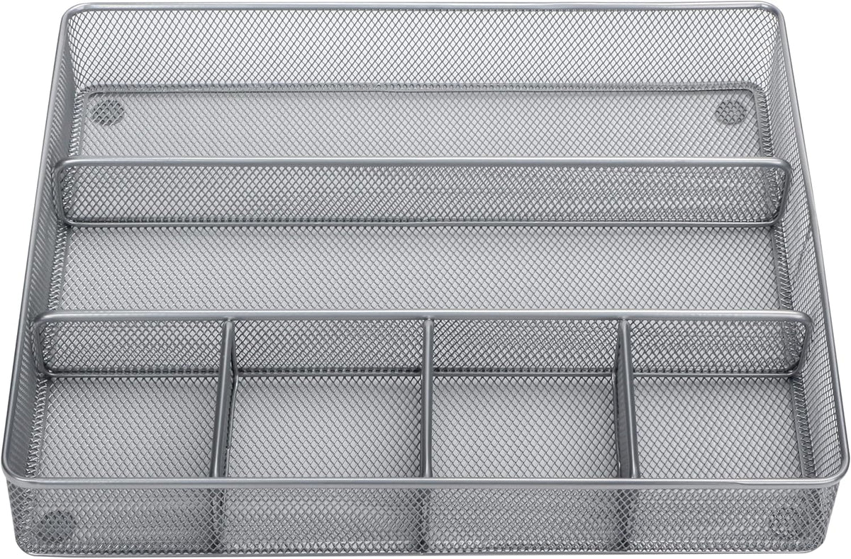 Annova Desk Top Organizer Tray for Office Organization - Metal Mesh - Storage Tray with Dividers for Pens, Desktop Accessories, Bathroom, Kitchen, Makeup and Office Supplies (Large, Silver)
