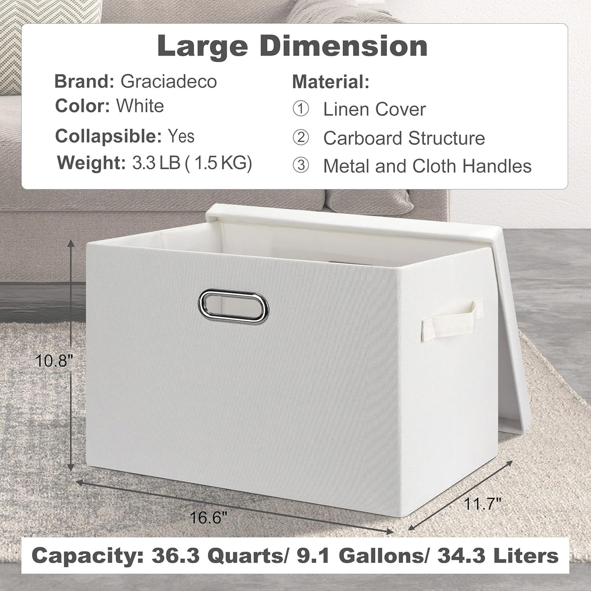 Large 17" 36 Quart Collapsible Stackable Storage Bins with Lids, 3 Packs White Linen Fabric Closet Boxes with Lids, Storage Cube Baskets Container Organizers for Bedroom Office(17 x12 x11)