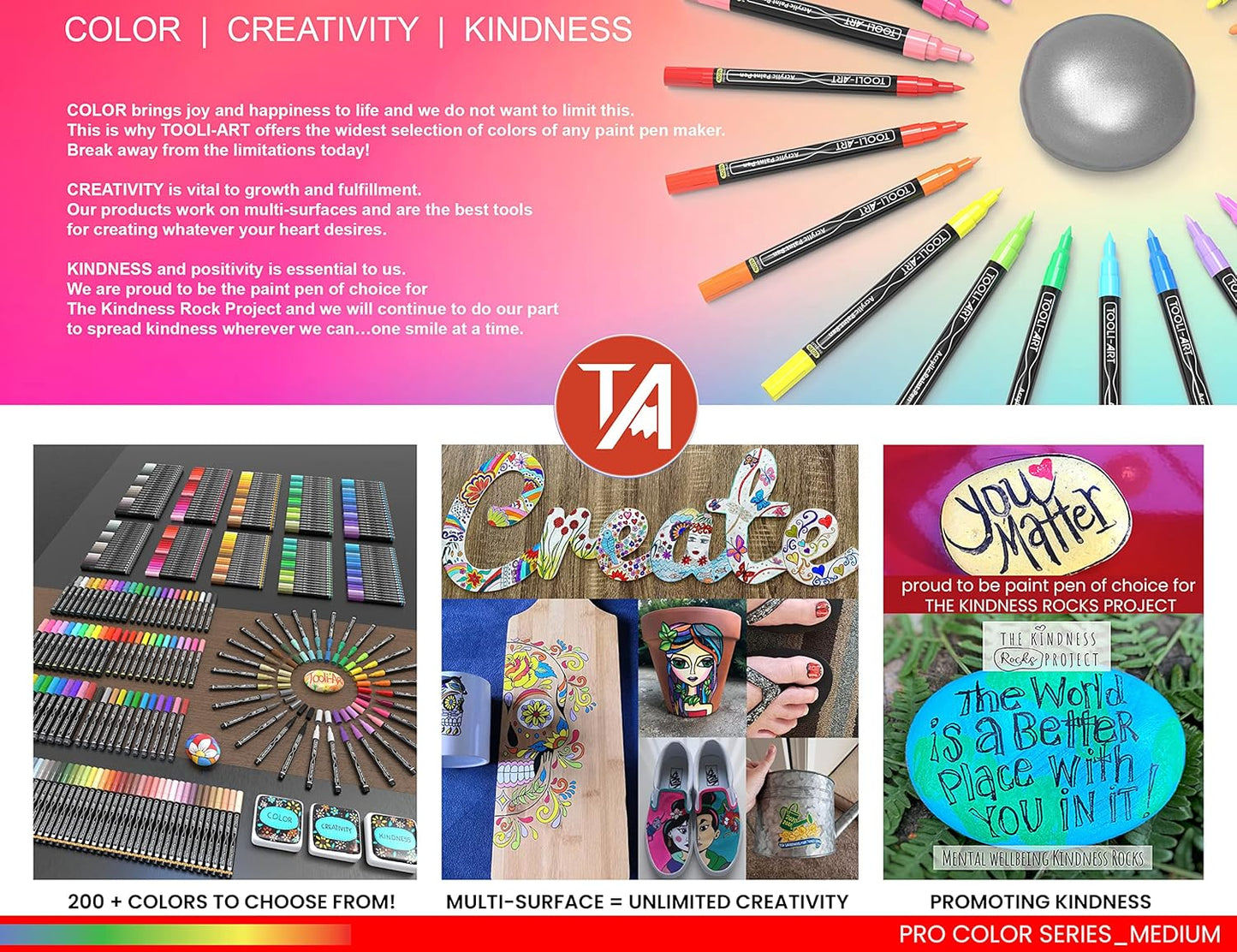 TOOLI-ART 22 Acrylic Paint Markers Paint Pens Pro Color Series Set 3mm Medium Tip for Rock Painting, Glass, Mugs, Wood, Metal, Glass Paint, Canvas, DIY. Non Toxic, Waterbased, Quick Drying (REDS)