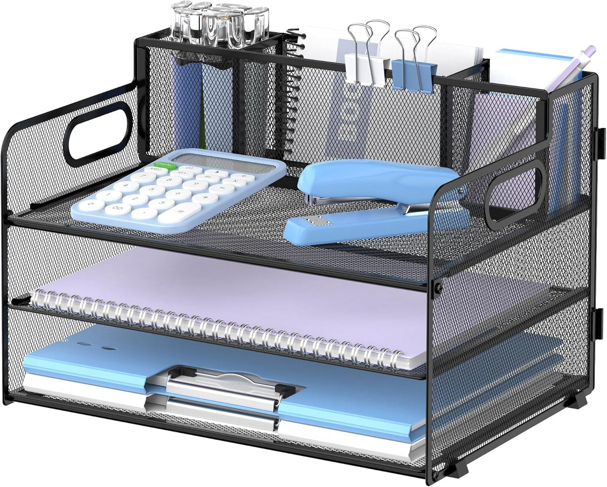 SUPEASY 3 Tier Desk Organizer with Handle & 3 Pen Holders, Mesh Paper/File Organizer for Desk, Paper Letter Tray Organizer for Office Supplies (Black)