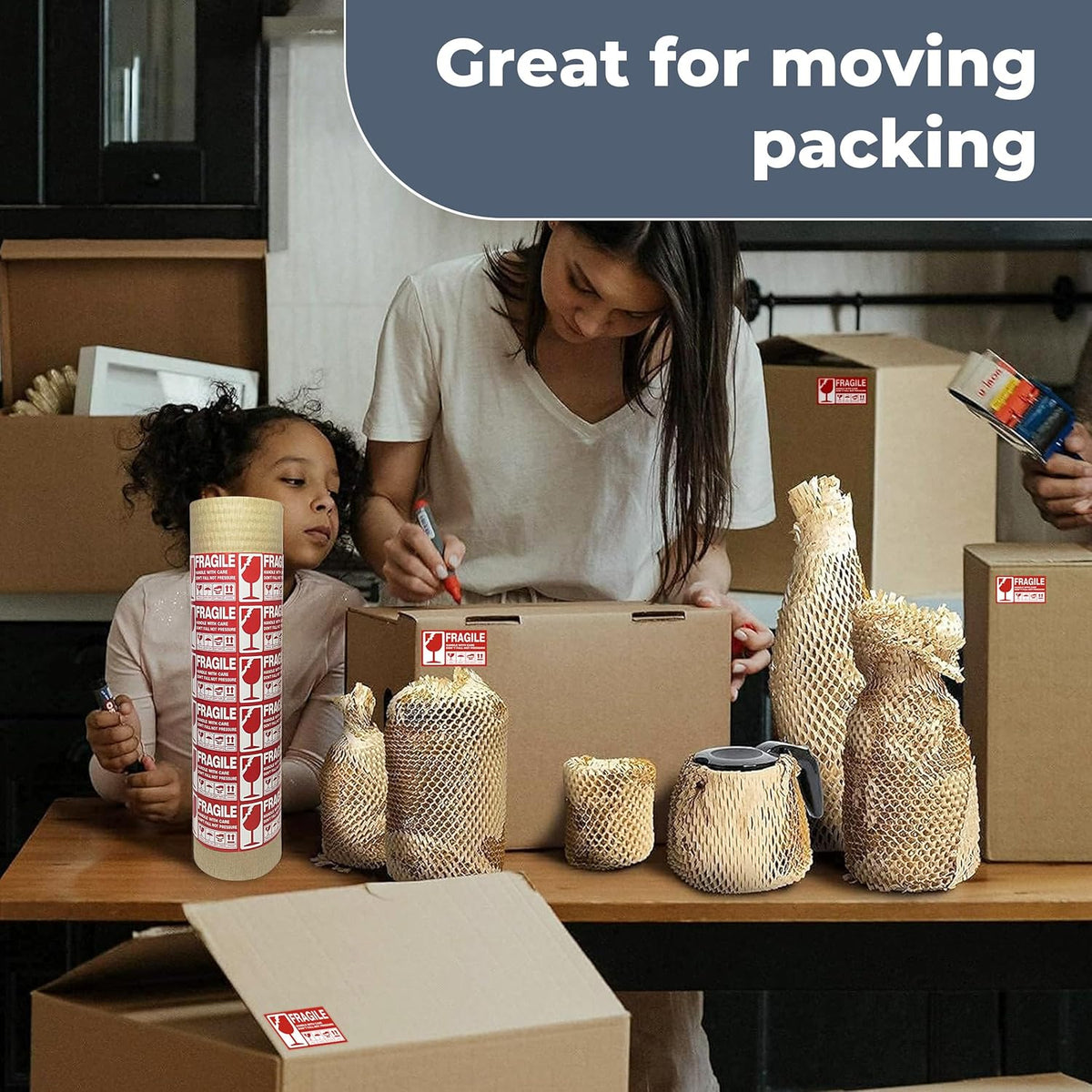 Honeycomb Packing Paper Wrap 15''x400', Substitute Alternative for Bubble Cushioning Wrap for Moving Shipping Packaging, Recyclable Moving Supplies with 36 Fragile Sticker Labels