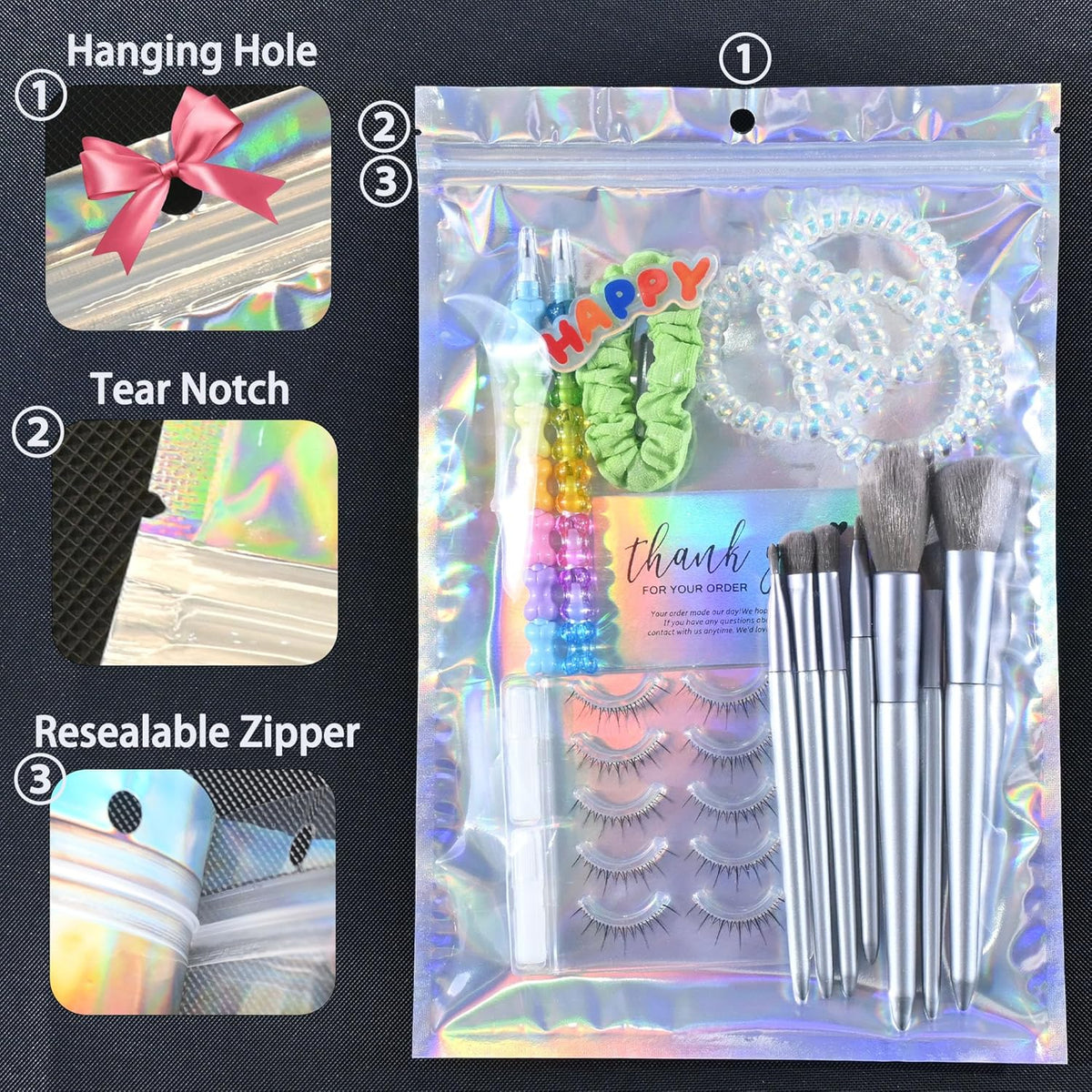 100 Pack Holographic Resealable Plastic Bags for Food Storage, Zipper Bags with Clear Front Window, Packaging Pouch for Small Business (100 Pack, 6x8.8 inch)