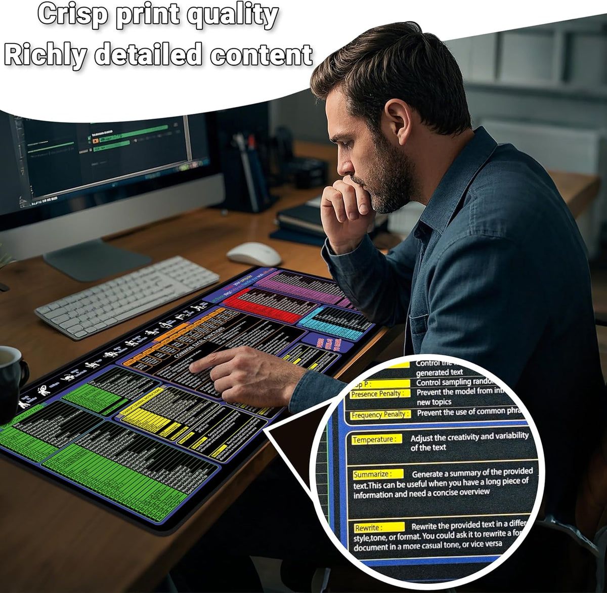 Mouse Pad with Excel, Word, Shortcuts – Excel Cheat Sheet Desk Pad – Portable Computer Mousepad – Gaming, Office, Waterproof, Non-Slip, Stitched Edges 35.5 x 15.7inches x 3mm